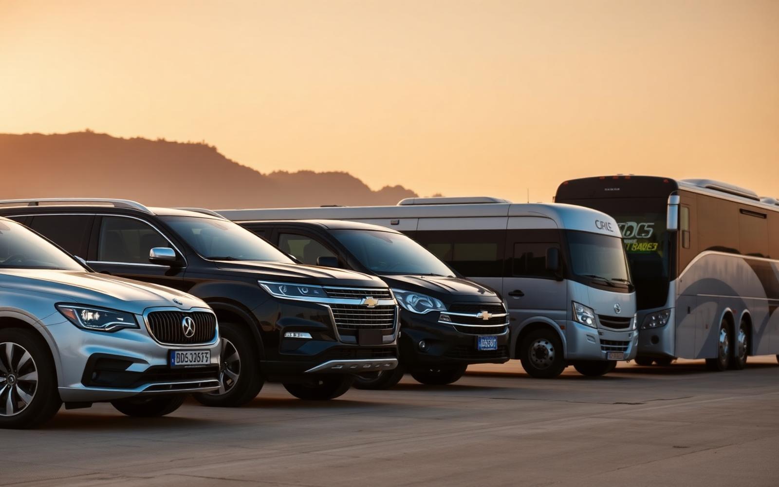 Chaudhry Tours fleet of vehicles lined up at golden hour