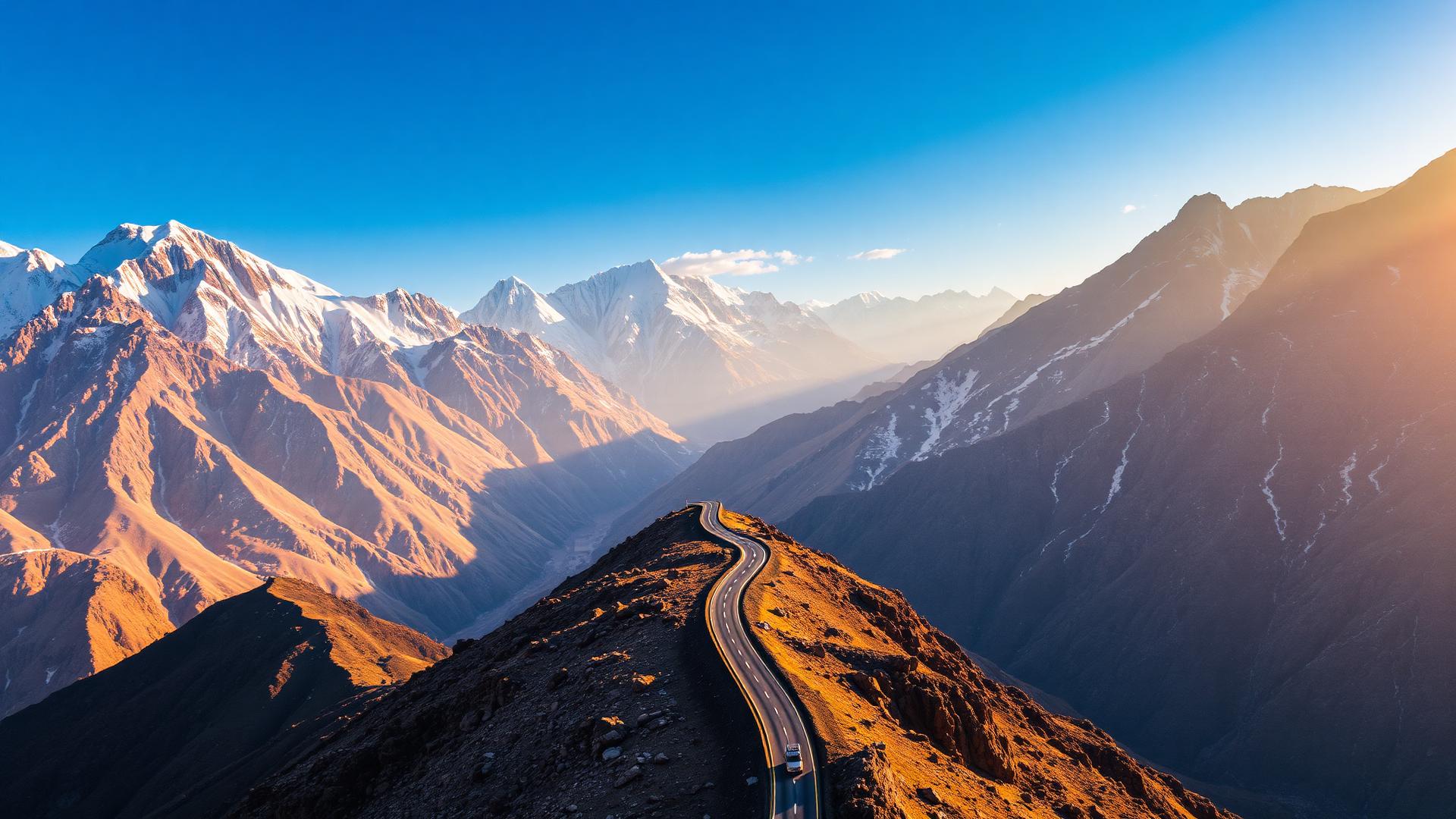 Aerial view of a winding mountain highway in northern Pakistan