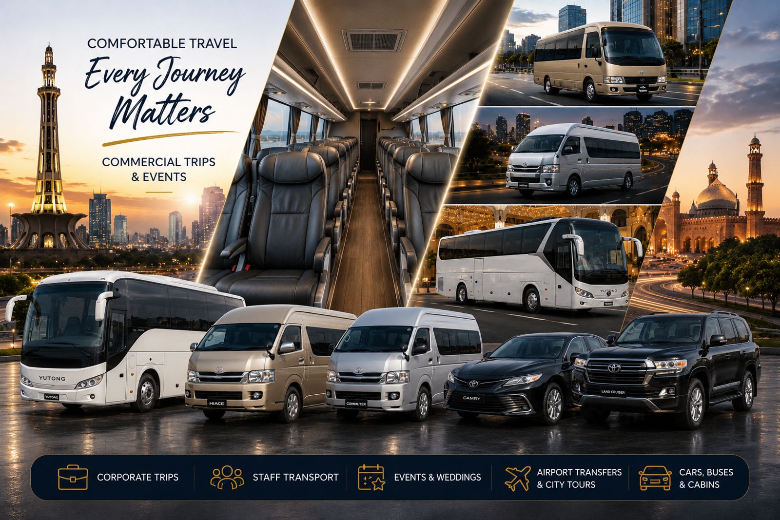 Fleet of Toyota Hiace vans — comfortable travel for corporate trips, staff transport, events, weddings, airport transfers and city tours
